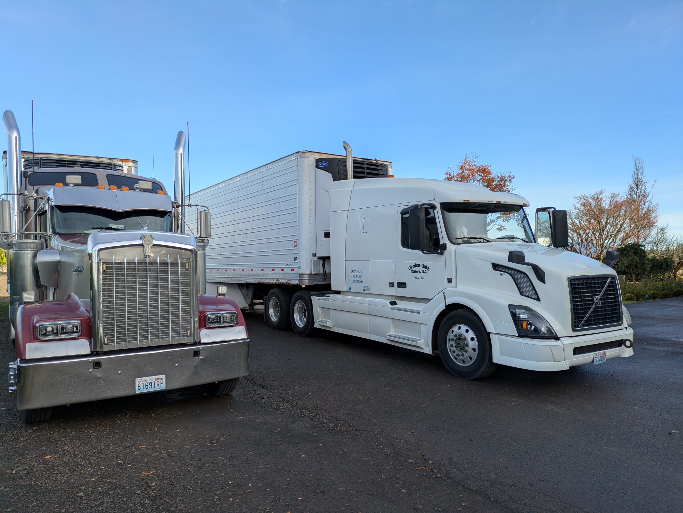 Garden Gate trucks delivering trees to a landscaper job site